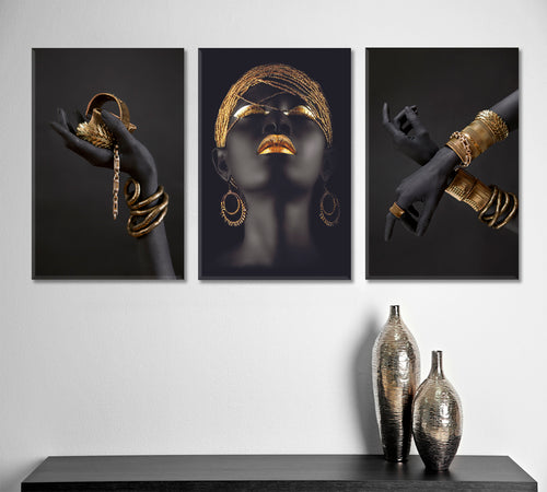 Black Woman Hand Gold High Fashion Art Luxury SET 3 Vertical Panels
