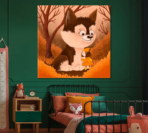 Little Girl and Cute husky Dog Kids Fairy Nursery Art Canvas Print | Square Panel