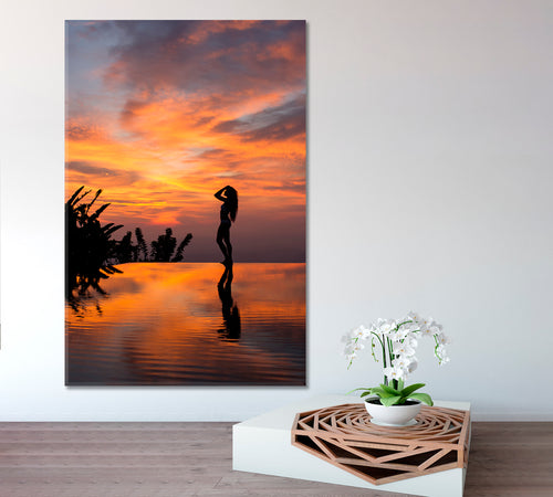 INFINITY EDGE Landscape Luxury Beach Pool Silhouette Woman at Sunset - Vertical
