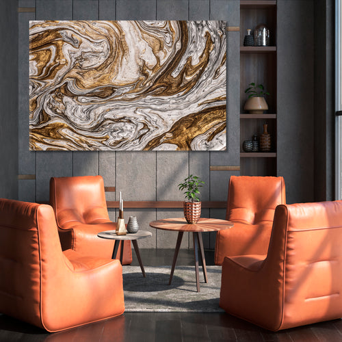 BROWN GREY Effect of Gold and Silver Powder Abstract Marble Oriental Fluid Art Canvas Print