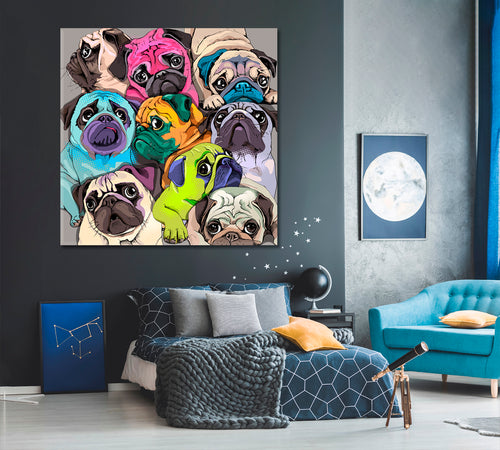 Funny Pugs Dogs Bright Colors Pop Art Whimsical Animal Canvas Print - Square Panel