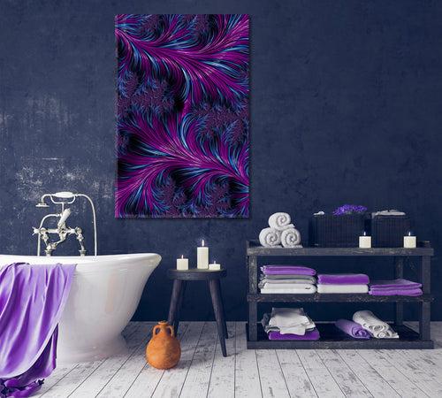 Abstract Fractal Spiral Swirls Purple Turquoise Blue Feathers Punchy Ultraviolet Canvas Print - Vertical