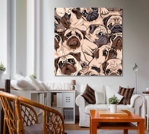 Funny Pugs Composition Sepia Art Style Humor Whimsical Animals Canvas Print - Square Panel