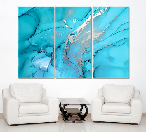 BLUE LAGOON Beautiful Marble Curly Ink Waves Silver Veins Painting
