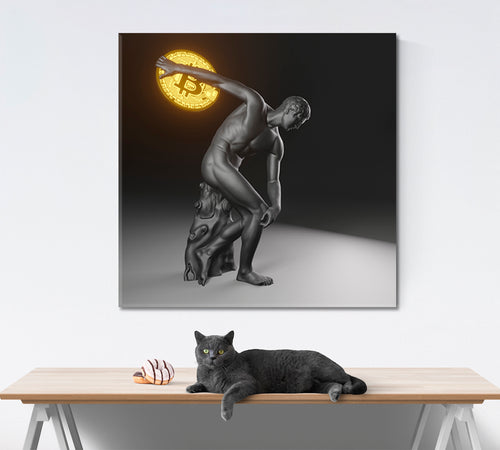 POWER OF BITCOIN Statue of Discobolus Myron Throws Bitcoin Poster