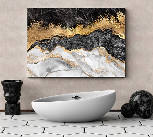 Marble Black White Gold Abstract Contemporary Decorative Marbling Pattern Giclée Print