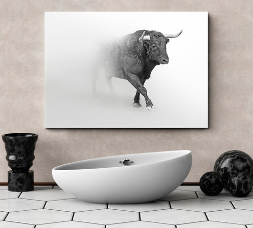 BULL IN THE MIST Wildlife Art Animal Grayscale Photo Poster