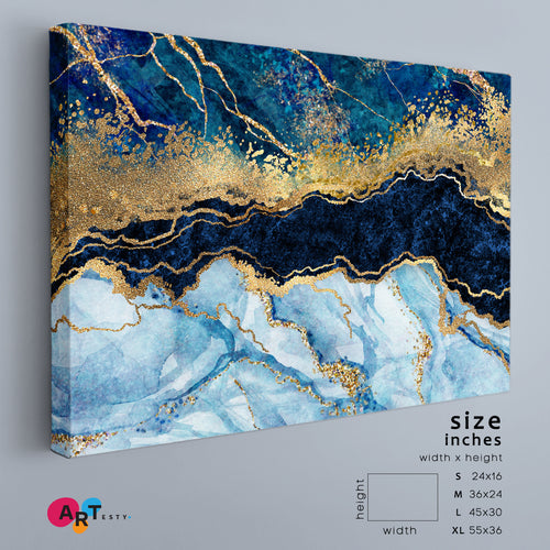 MARBLE STONE RIPPLES Blue Gold Effect Marble Liquid Paint Abstract Trendy Modern Canvas Print