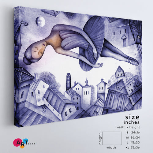 FANTASY Beautiful Ballerina Soars in a Dream Above the City, Cubist Style Canvas Print