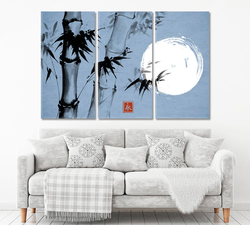 ETERNITY Sumi-e Hieroglyph Bamboo Moon Traditional Japanese Ink Canvas Print Blue Color