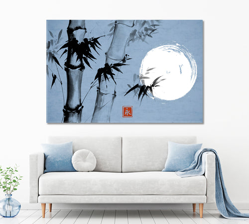 ETERNITY Sumi-e Hieroglyph Bamboo Moon Traditional Japanese Ink Canvas Print Blue Color