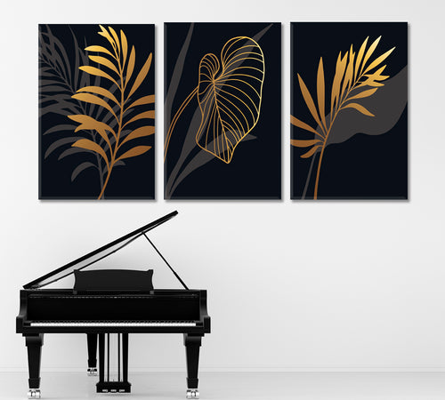 Luxury Black And Gold Art Deco Style SET 3 Vertical Panels