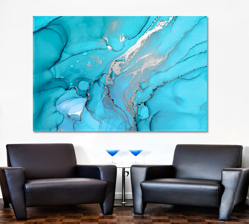 BLUE LAGOON Beautiful Marble Curly Ink Waves Silver Veins Painting