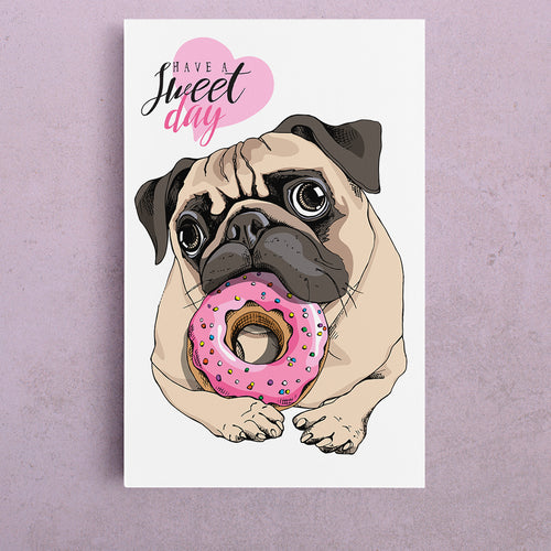 KIDS ART Adorable Cute Beige Puppy Pug Pink Donut Canvas Print | Vertical