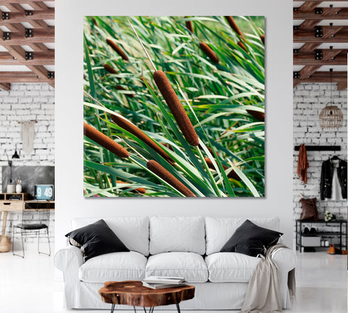 Colorful Green Reeds with Cattail - Square Panel