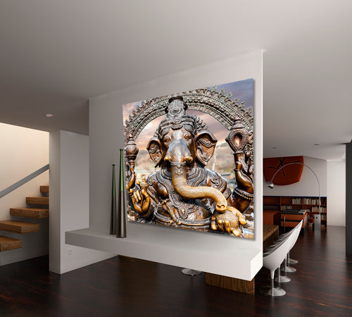 Statue of Hindu Elephant God Ganesha Dramatic Sky - Square Panel