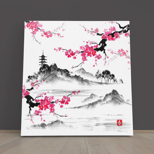 Oriental Landscape Sakura Branches Lake Hills Traditional Japanese Art | Square