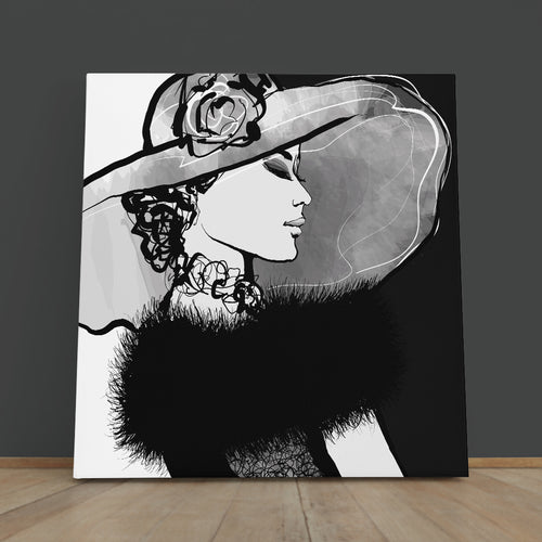 ELEGANT Beautiful Young Woman With Hat and Fur Black And White  - Square Panel