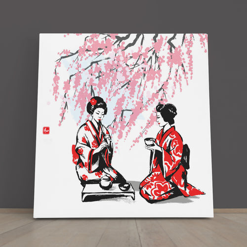 Oriental Branches Cherry and Two Girls Having Tea Japanese Style Canvas Print - Square