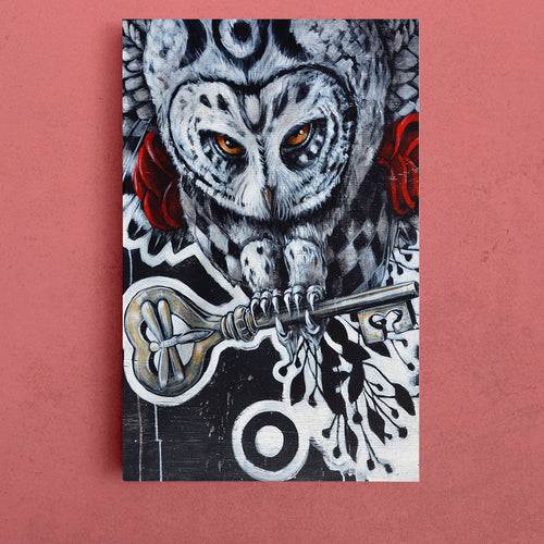 OWL AND KEY Secrets Keeper, Wisdom Honor Knowledge Urban Graffiti Street Art Canvas Print - Vertical