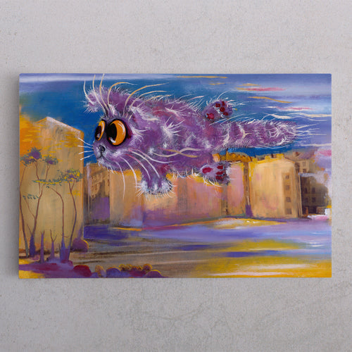 Flying Over the City Funny Cat Big Eyes Whimsy Animals Canvas Print