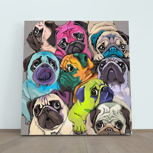 Funny Pugs Dogs Bright Colors Pop Art Whimsical Animal Canvas Print - Square Panel