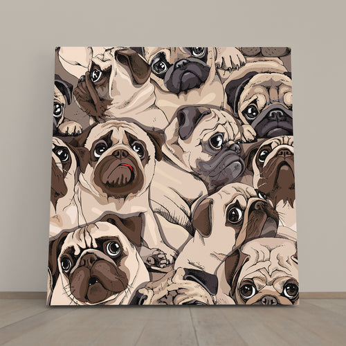 Funny Pugs Composition Sepia Art Style Humor Whimsical Animals Canvas Print - Square Panel