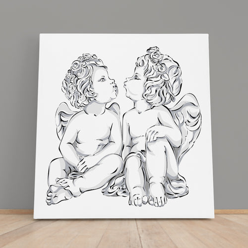 Two Little Angels Cupid Black & White Art Poster Canvas Print | Square Panel