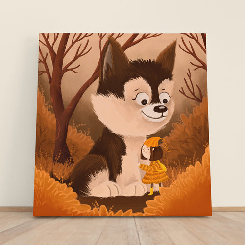 Little Girl and Cute husky Dog Kids Fairy Nursery Art Canvas Print | Square Panel