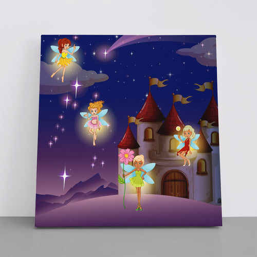 Castle Fairies Flying Sweet Kids Baby Nursery Wall Art Canvas Print | Square Panel