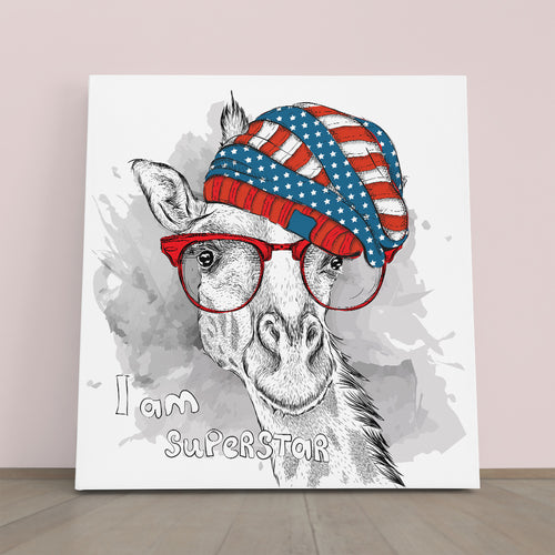 SUPERSTAR Cute Giraffe Hipster USA Hat Baby Room Canvas Print | Square Panel