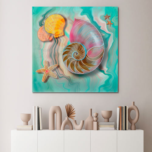 Nautilus Sea Shell and Starfish Turquoise Marble Artwork