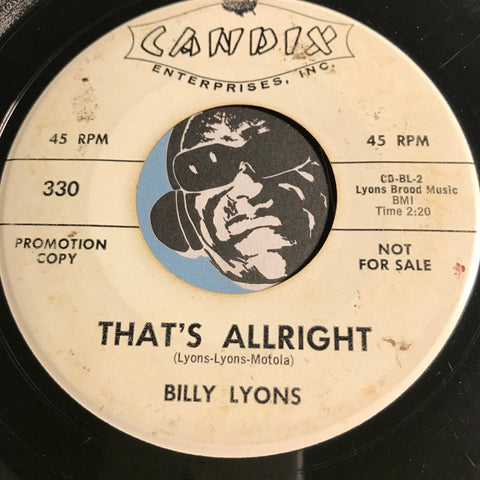 Billy Lyons - That's Allright b/w Little Fool - Candix #330 - Teen - Popcorn Soul