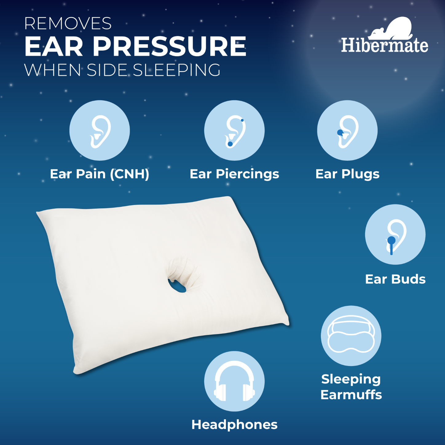 Hibermate Ear Pillow for reducing ear pressure and ear pain while sleeping