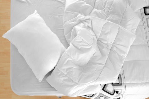 Goose alternative for comforter and pillow; comforter and pillow on bed