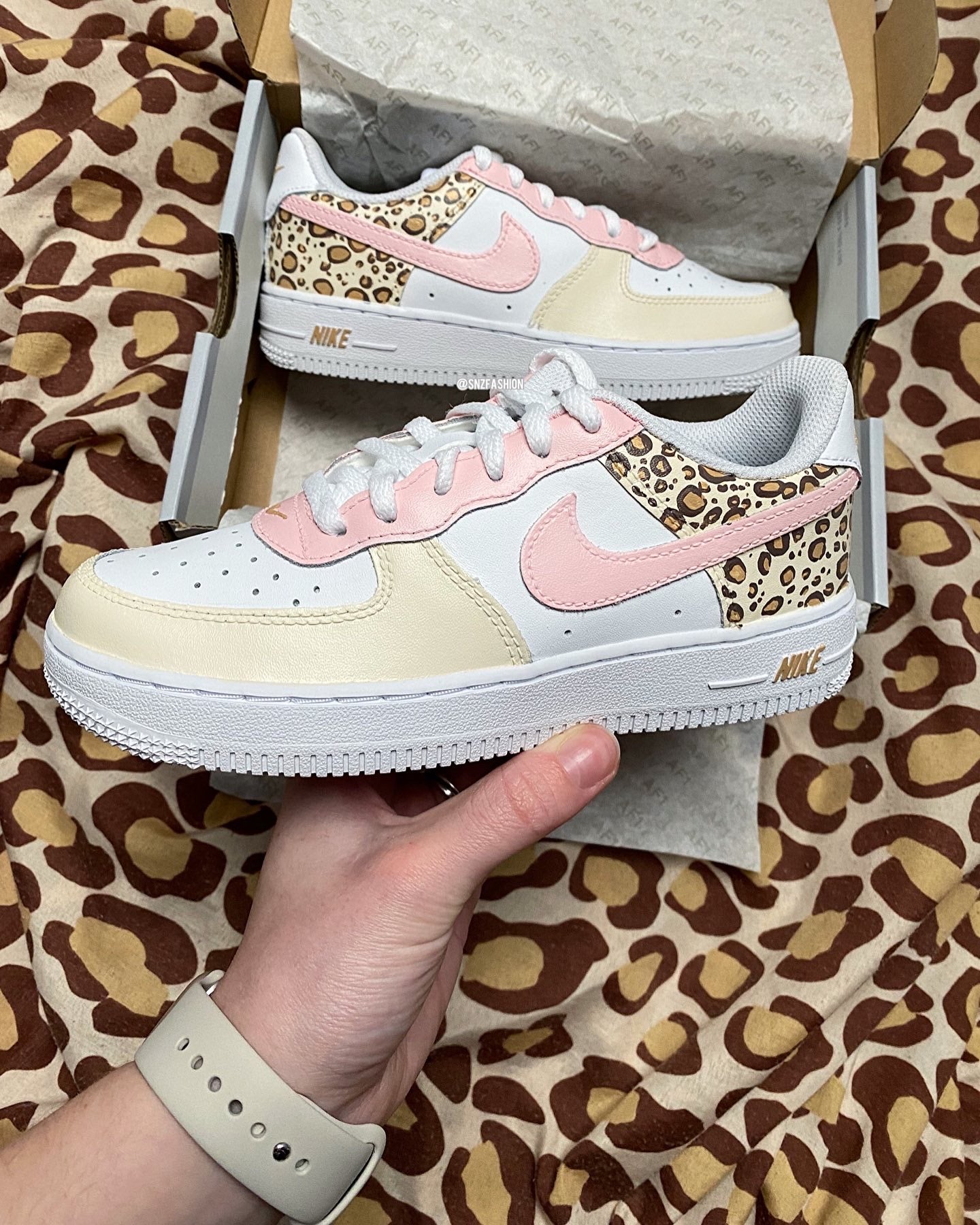 white air force with leopard print