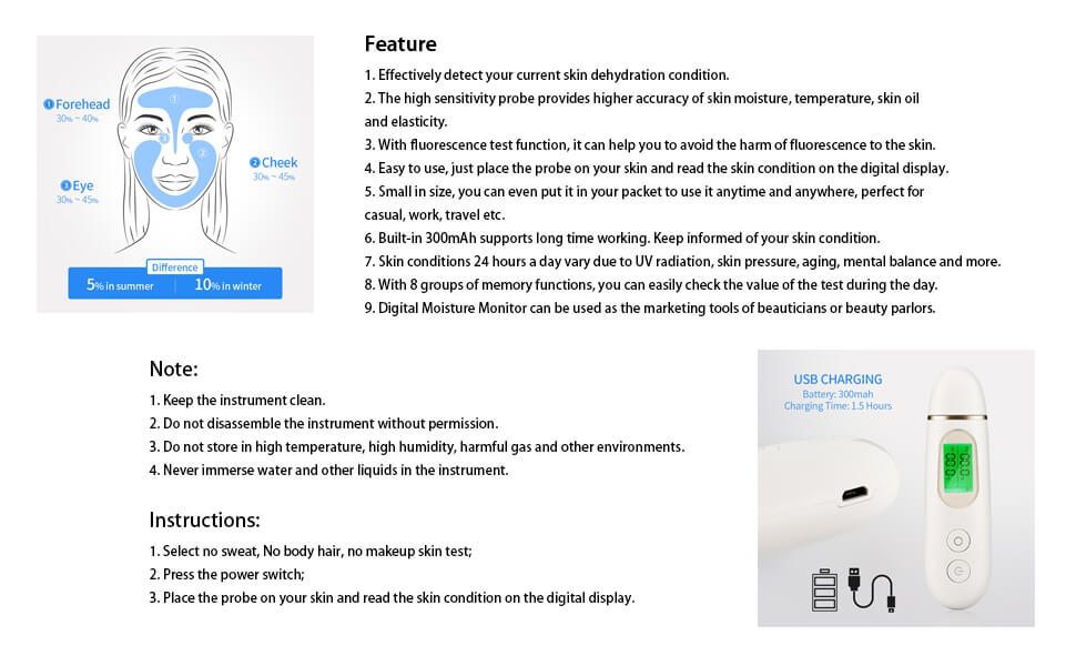 Skin Moisture Tester Digital Display Facial Skin Moisture Oil Analyzer