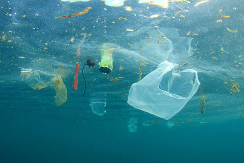 underwater photo of plastic bags and garbage floating in the ocean