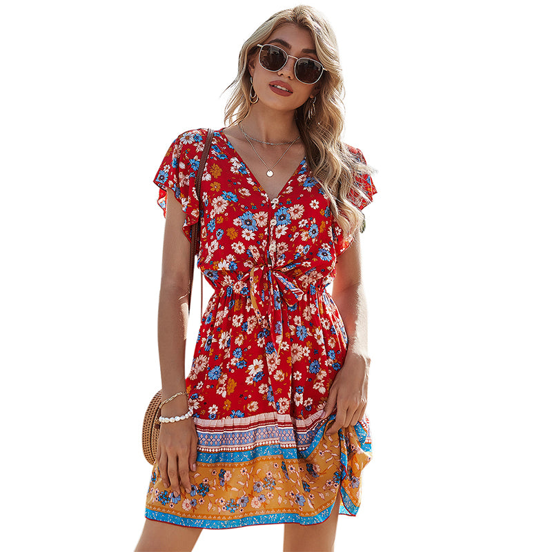 Feminine Floral Short-Sleeve Summer Dress – 1SANSOME