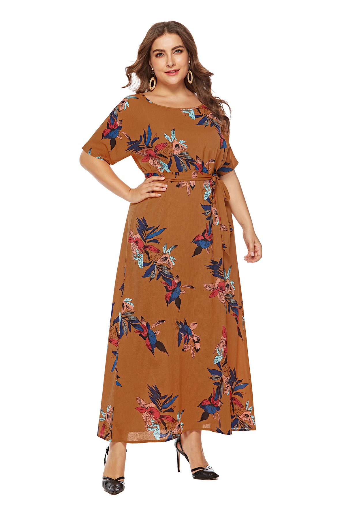 Floral-Patterned Plus-Size Short-Sleeved Maxi-Dress – 1SANSOME