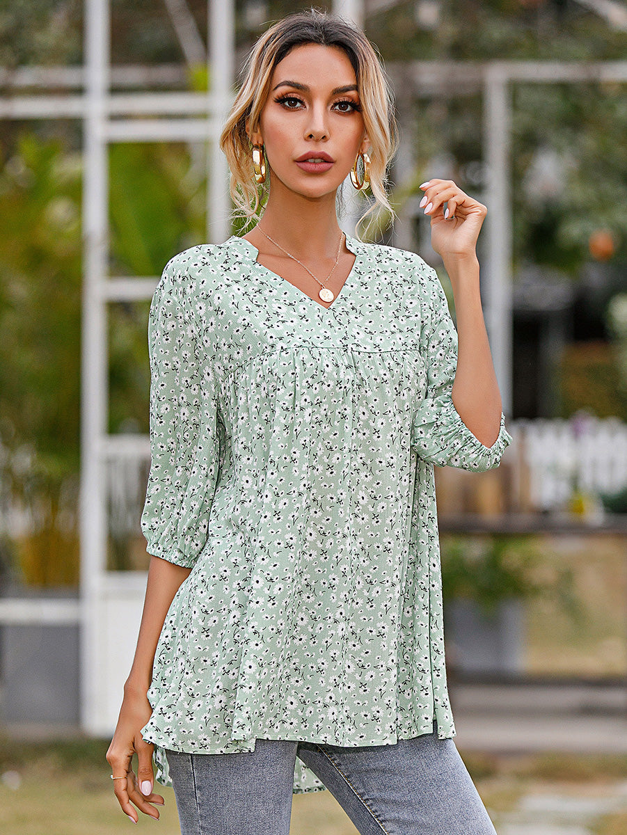 Green Floral-Print Lantern-Sleeve Blouse – 1SANSOME