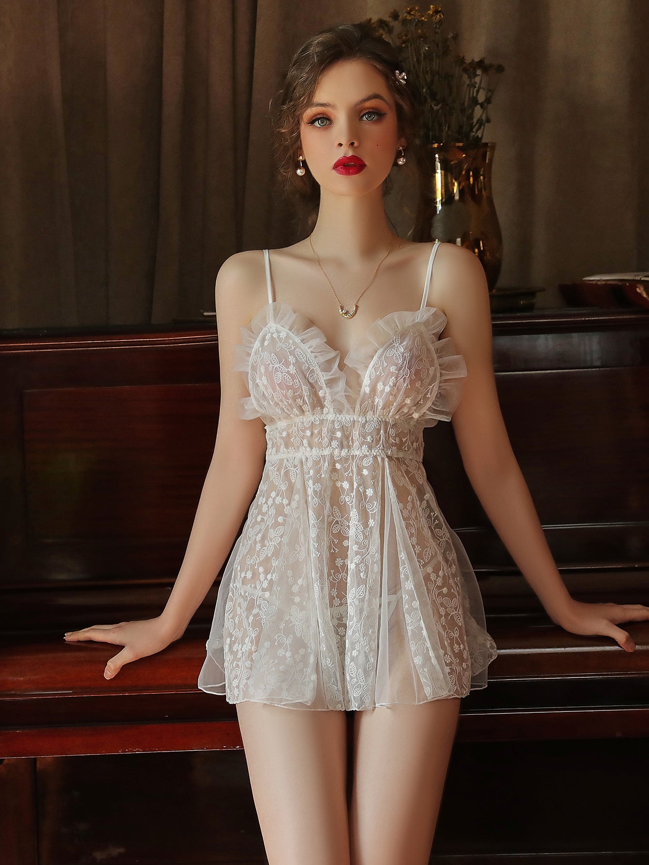 2PCS Lingerie Set see through Lace Babydoll Sexy Negligees,Woman's sex ...