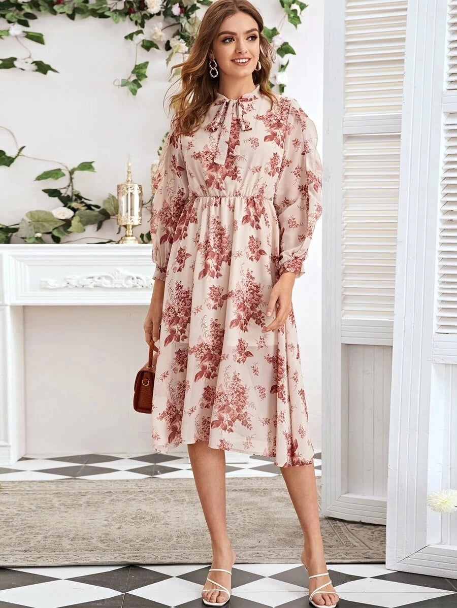 Floral Print Neck Tie Elastic Waist Lantern Sleeve Dress – 1SANSOME