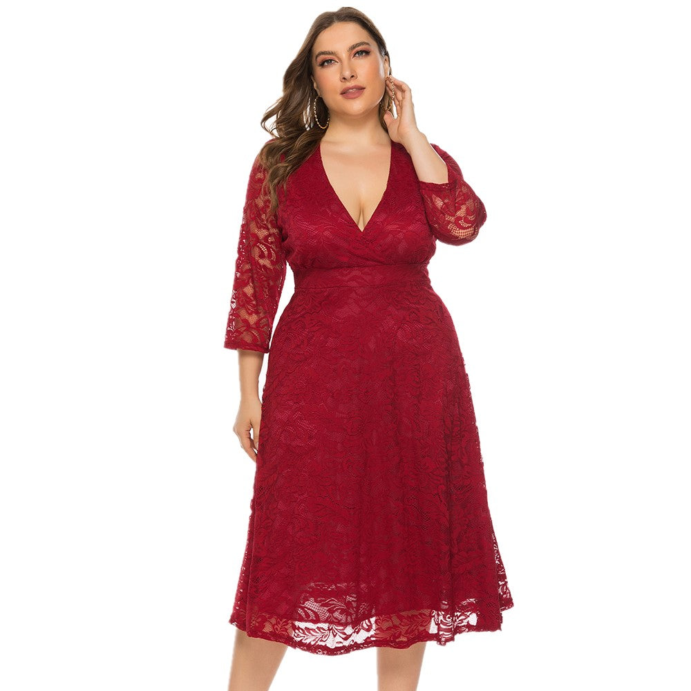 New Fashion Style V neck Plus Size 3/4 Sleeve Red Lace Party Dress ...