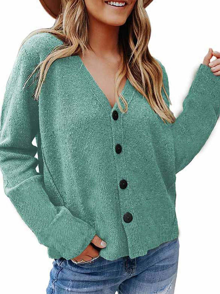 V-neck plain long sleeve button knit cardigan