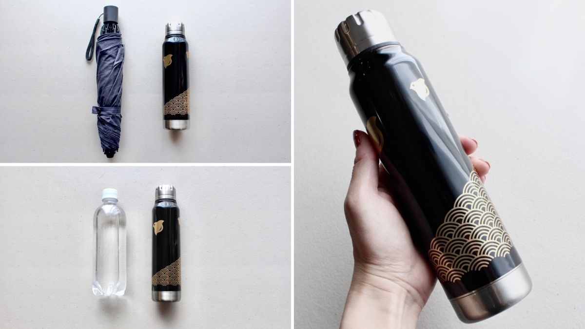 Lacquer water bottle of a size that fits comfortably in the hand and is easy to carry around