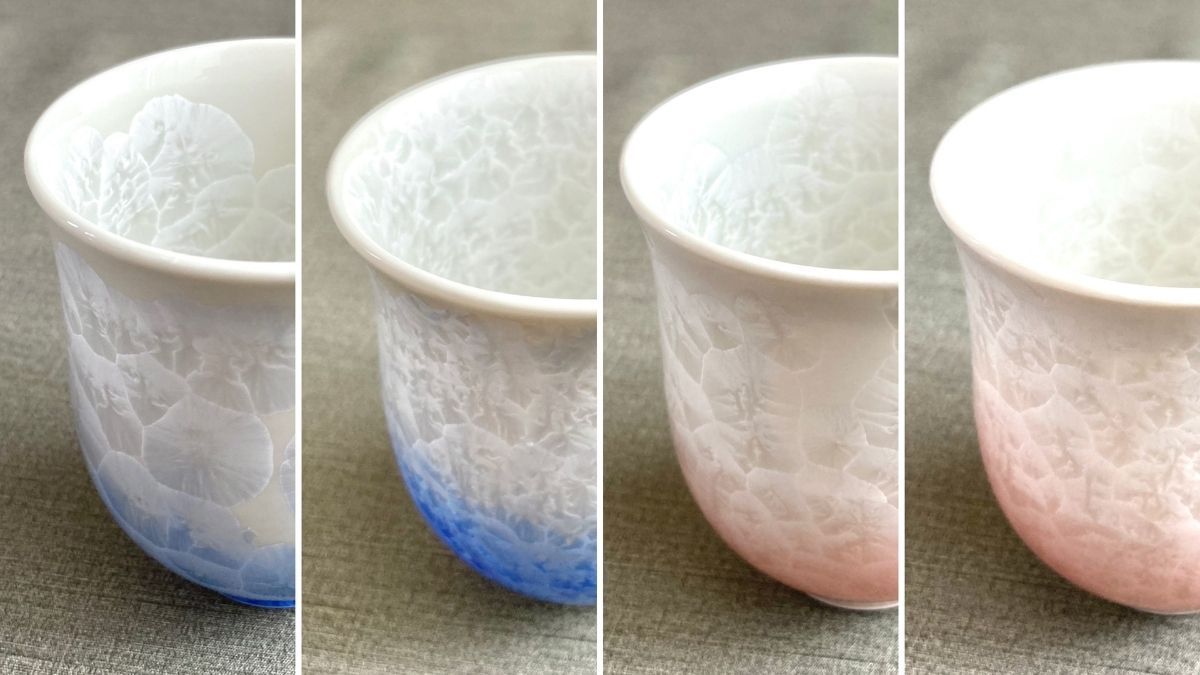 One-of-a-kind Kyo-yaki and Kiyomizu-yaki mugs that are all different in the way the crystals appear.