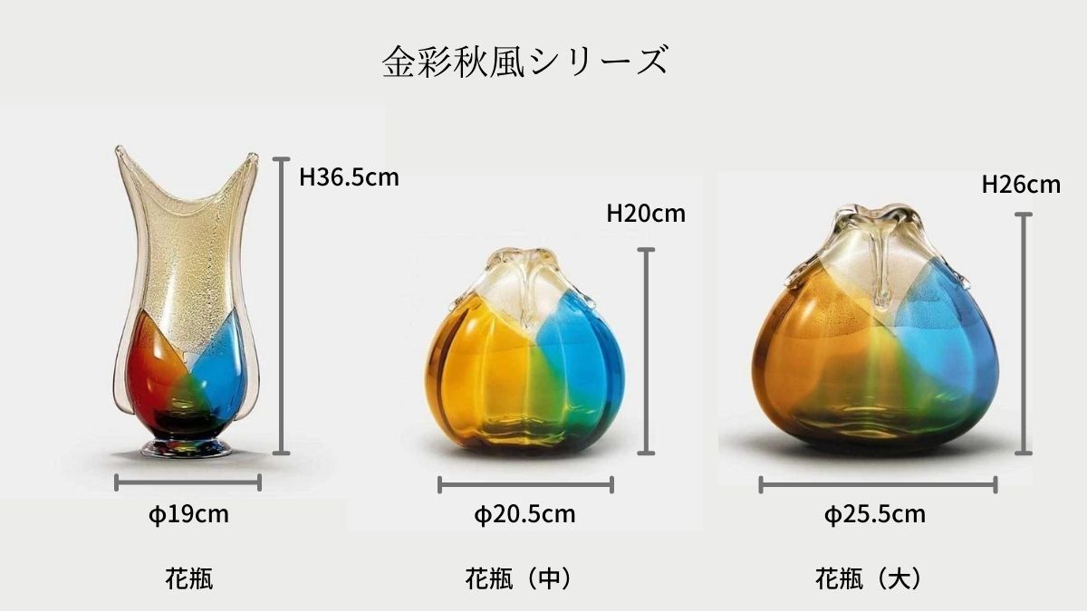 3商品展開の津軽びいどろ「金彩秋風シリーズ」