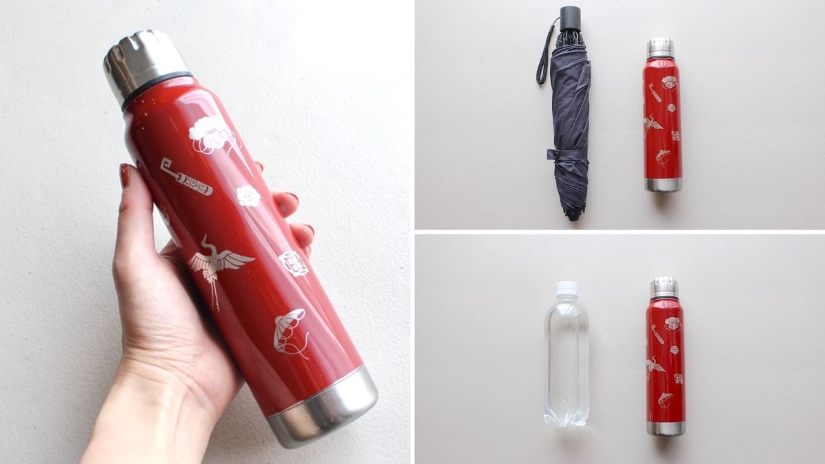 Lacquer water bottle of a size that fits comfortably in the hand and is easy to carry around