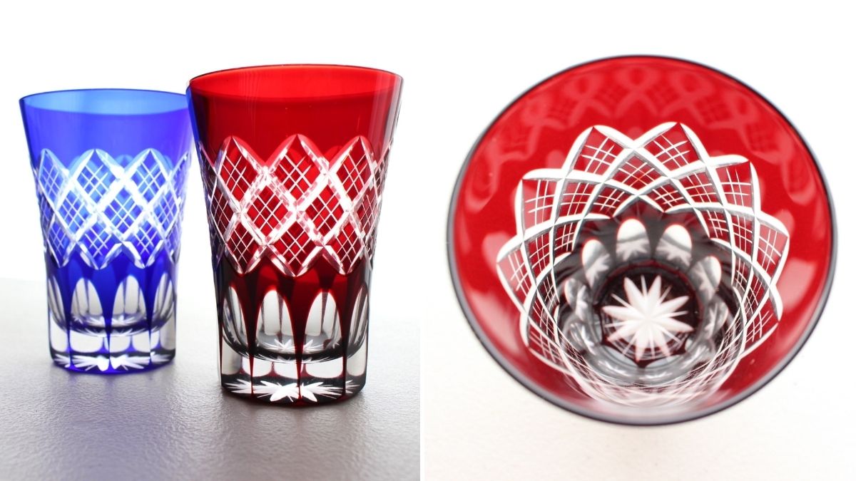 切子の代表的な文様「矢来（やらい）」のデザインが施された江戸切子のグラス